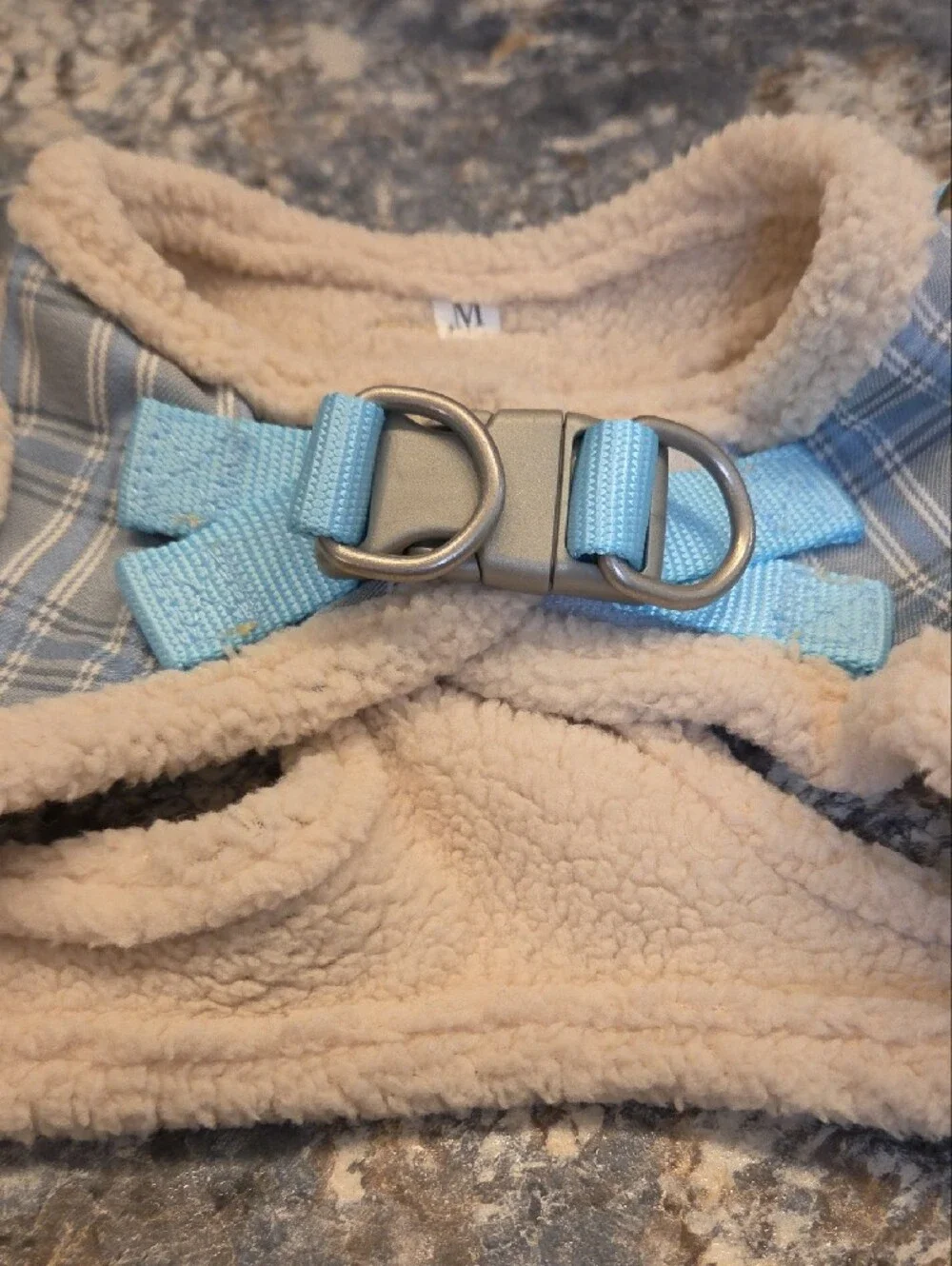 Dogs  Blue Plaid Harness with Faux Shearling Trim Harness And Leash